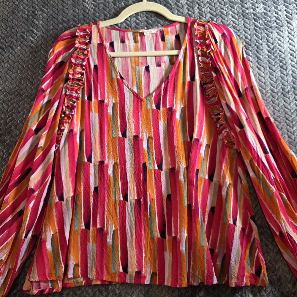 JODIFL Strip Pink Red 3/4 Sleeve Tunic Shirt Women’s Large Ruffle Fairy Vacation